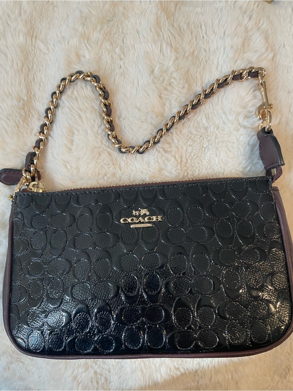 COACH Black Patent Signature Chain Shoulder Bag
